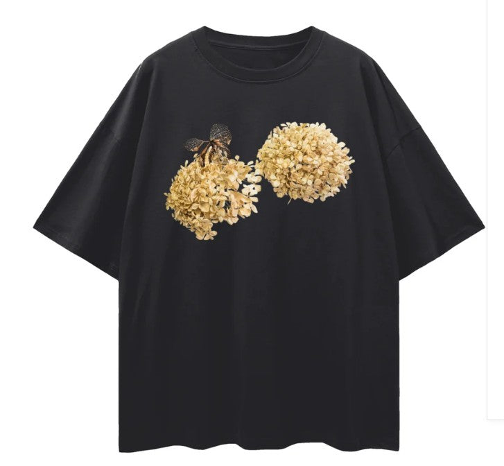 Dried Hydrangea Tee - Relaxed to Oversized - Black Size XL