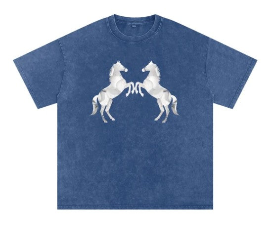 Twin White Horses Tee - Vintage Wash - Relaxed to Oversized - Blue Size L