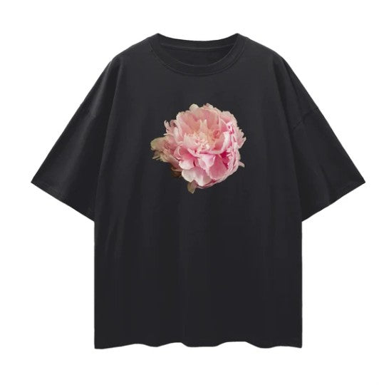 Pink Peony Tee - Relaxed to Oversized - Black Size L